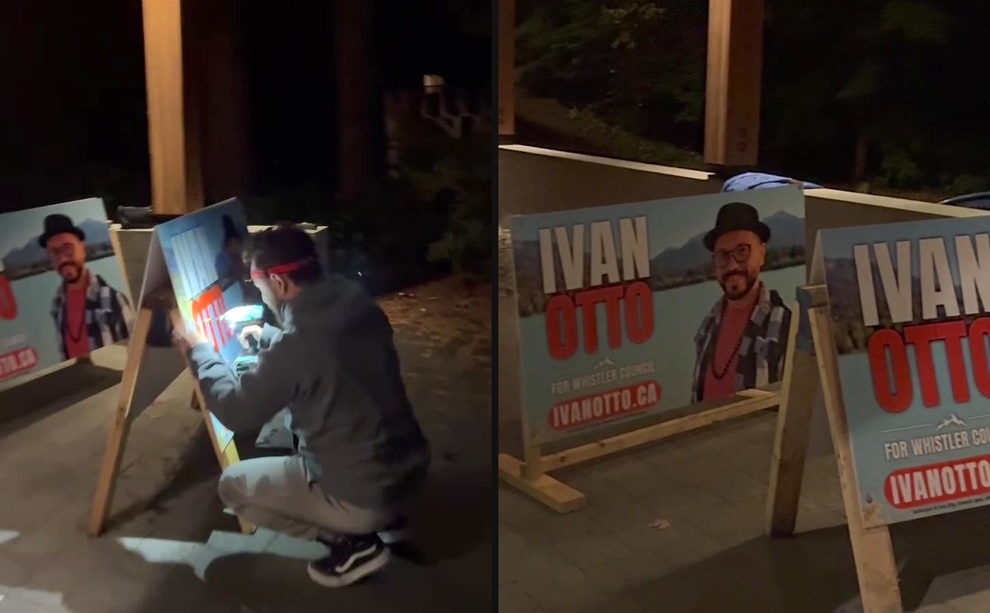 Left: Ivan crouching, screwing a sign face onto a wooden A-frame at night. Right: two finished A-frame signs reading Ivan Otto for Whistler Council